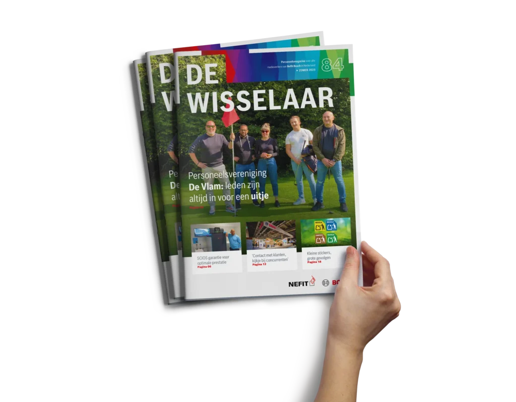 Cover van De Wisselaar, het personeelsmagazine van Nefit Bosch, gemaakt door Geen Blad voor de Mond