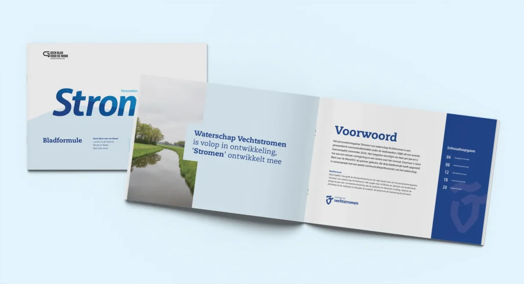 Bladformule voor personeelsmagazine Stromen van Waterschap Vechtstromen, gemaakt door Geen Blad voor de Mond